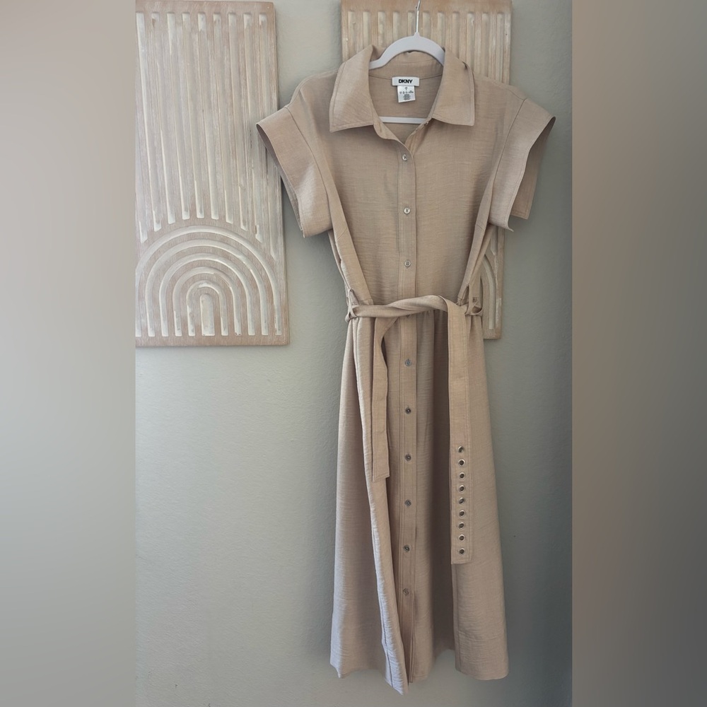 DKNY Tan Button-Up Midi Dress